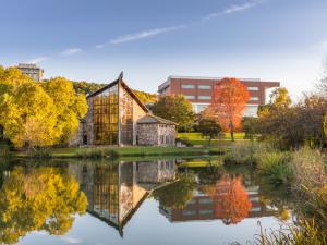Across the pond to Muller Chapel in the fall